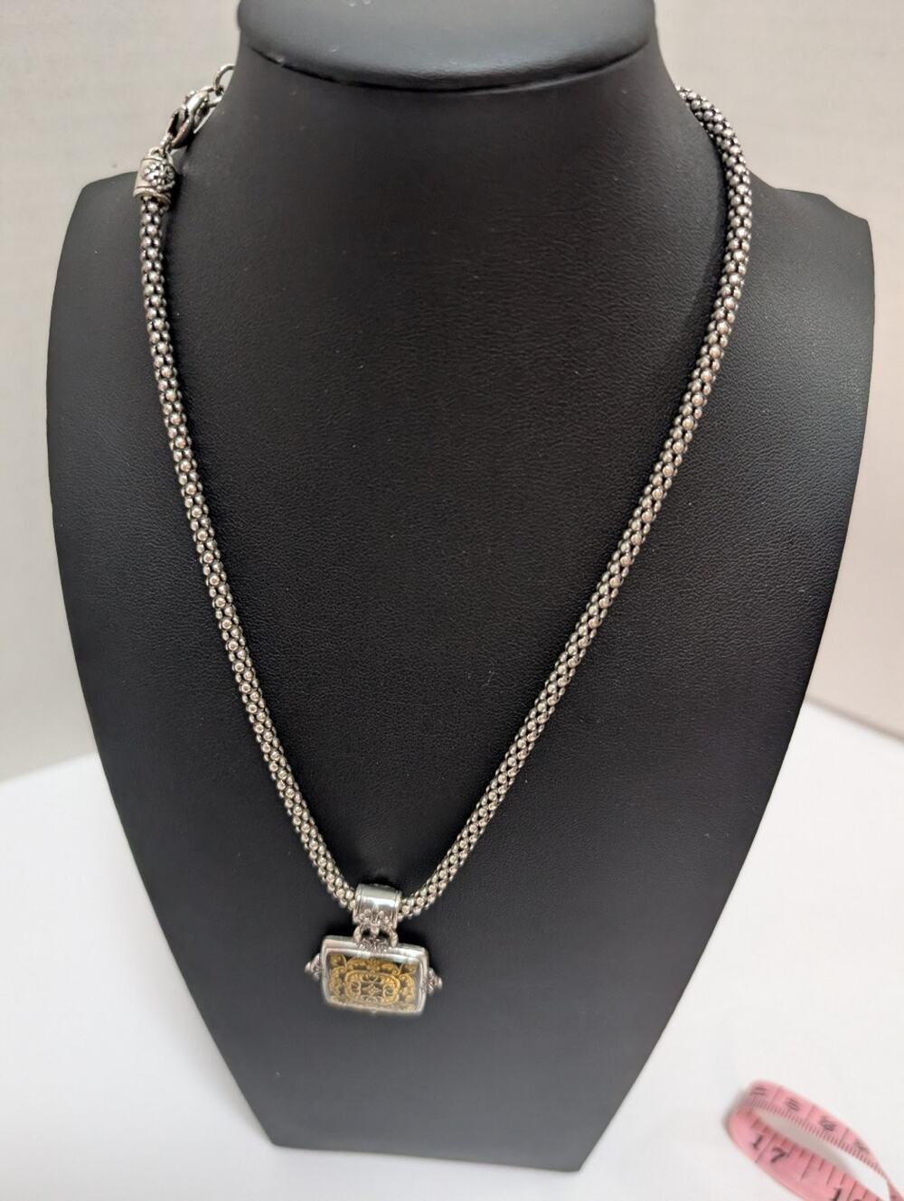 Brighton Silver Tone Popcorn Chain Necklace w/ Ornate Black & Gold Pendant 10.5"